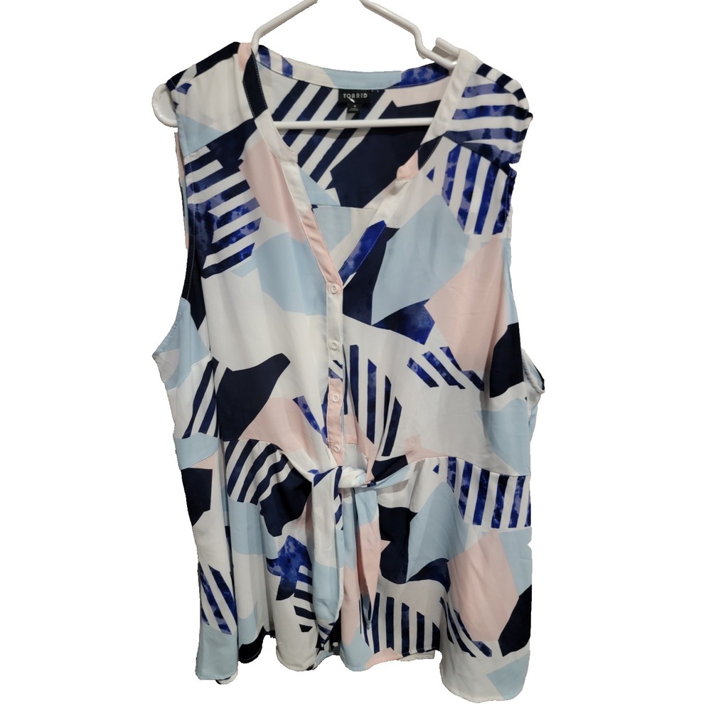 Torrid Blue Geo Peplum Georgette Button-Front Tie-Front Blouse Womens Plus 4 4X